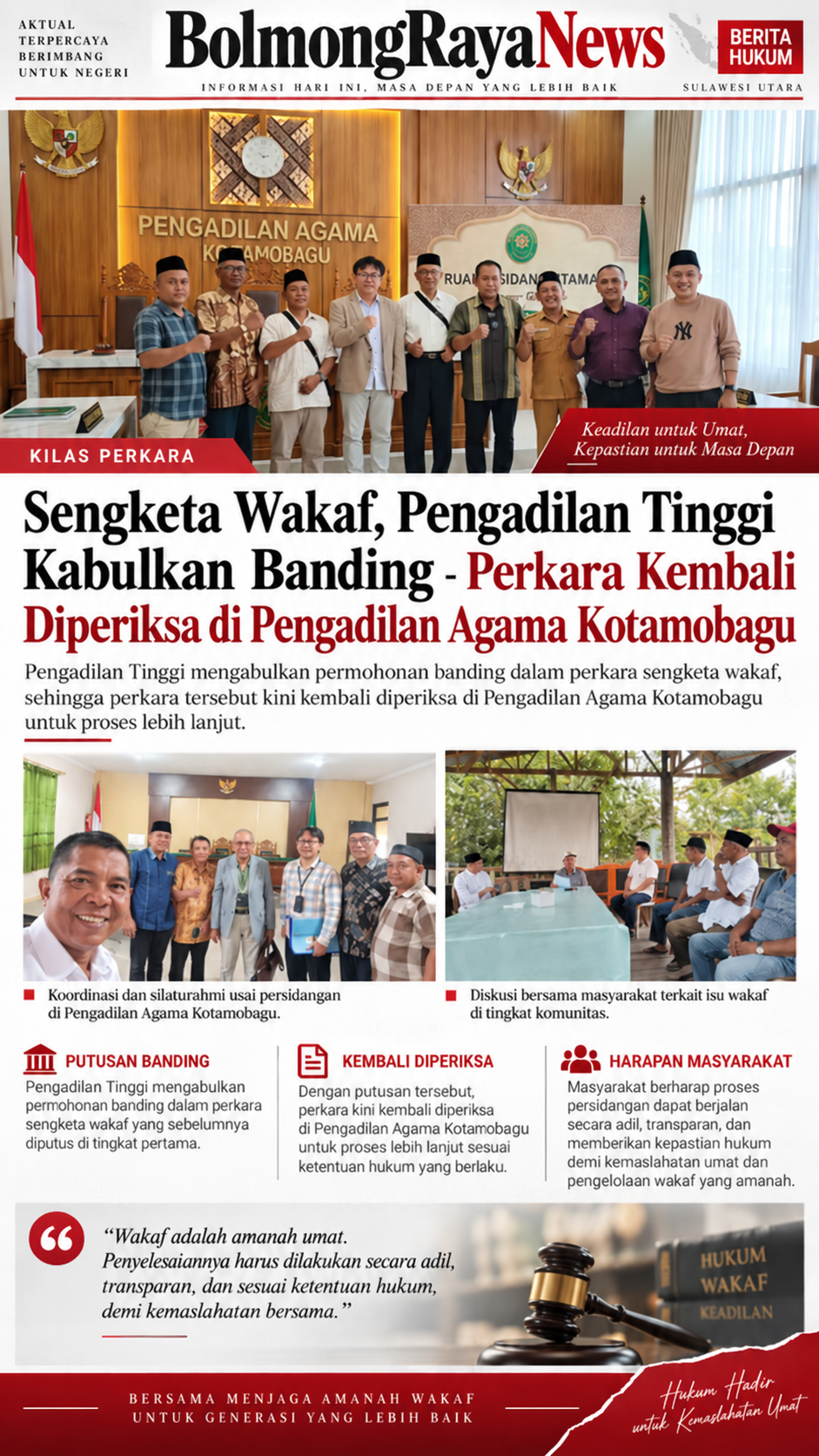 Sengketa Wakaf, Pengadilan Tinggi Kabulkan Banding -Perkara Kembali Diperiksa di Pengadilan Agama Kotamobagu
