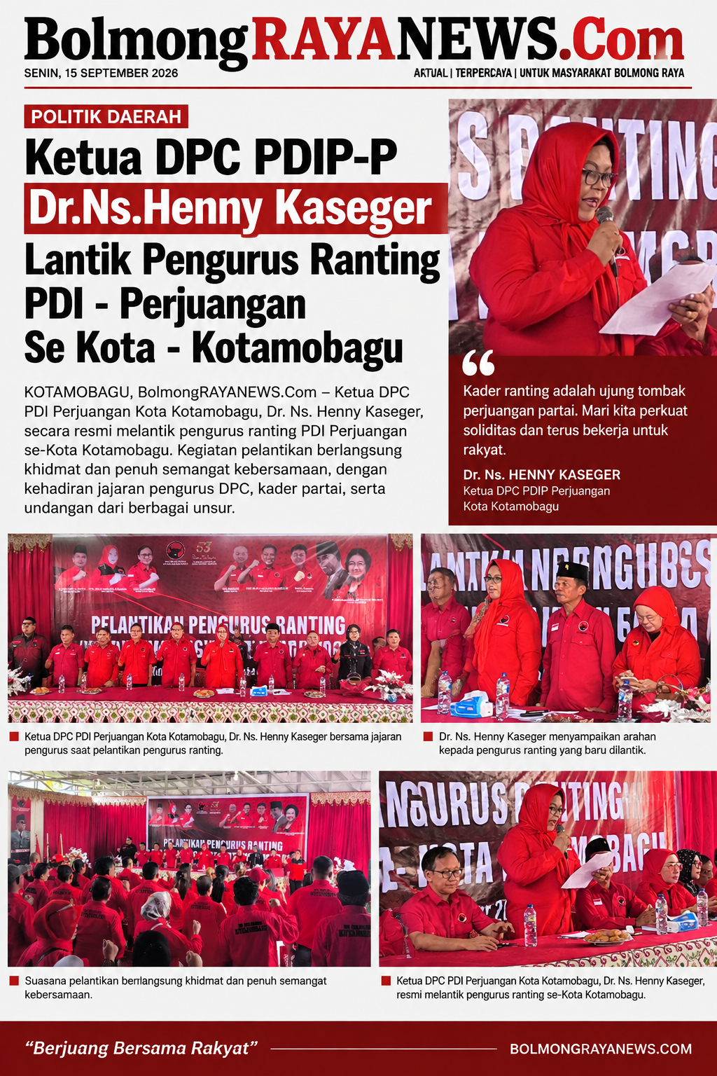 Ketua DPC PDIP-P Kotamobagu Dr. Ns. Henny Kaseger Lantik Pengurus Ranting Se-Kotamobagu Tekankan Konsolidasi Organisasi dan Pendidikan Politik