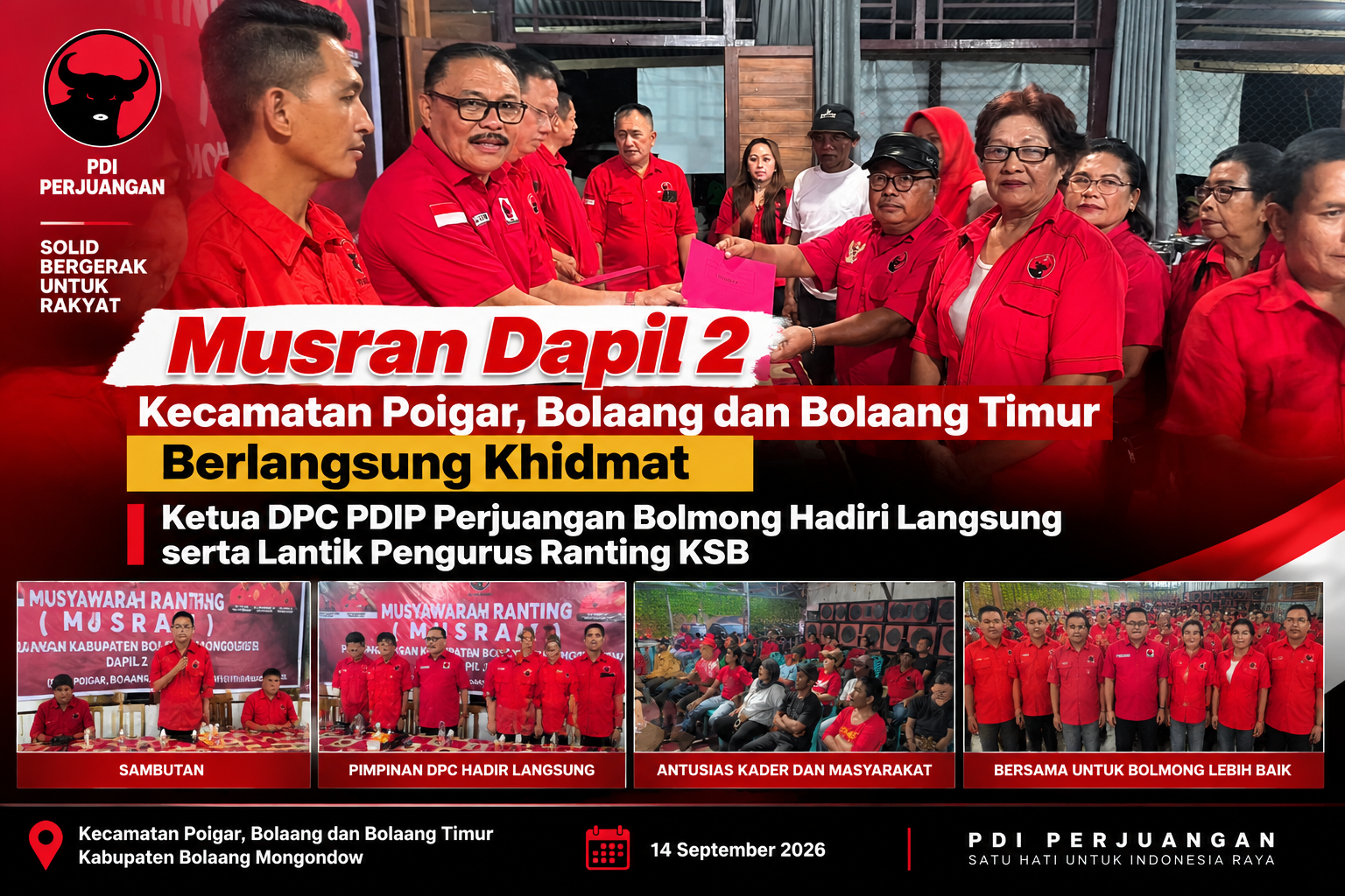 Musran Dapil 2 Kecamatan Poigar, Bolaang dan Bolaang Timur Berlangsung Khidmat, Ketua DPC PDIP Perjuangan Bolmong Hadiri Langsung serta Lantik Pengurus Ranting KSB