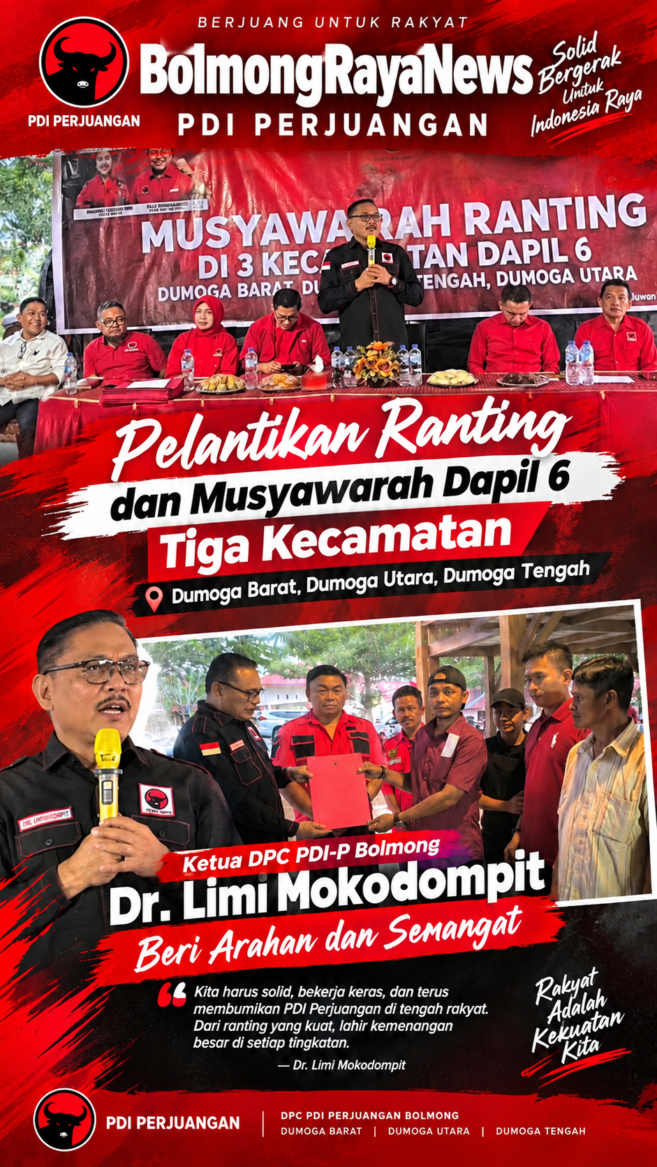 Pelantikan Ranting dan Musyawarah Dapil 6 Tiga Kecamatan, Ketua DPC PDI-P Bolmong Dr. Limi Mokodompit Beri Arahan dan Semangat