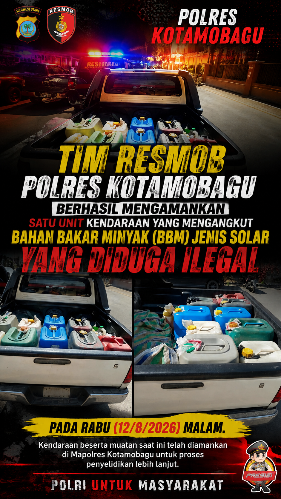 Tim Resmob Polres Kotamobagu Amankan Kendaraan Pengangkut Solar Diduga Ilegal
